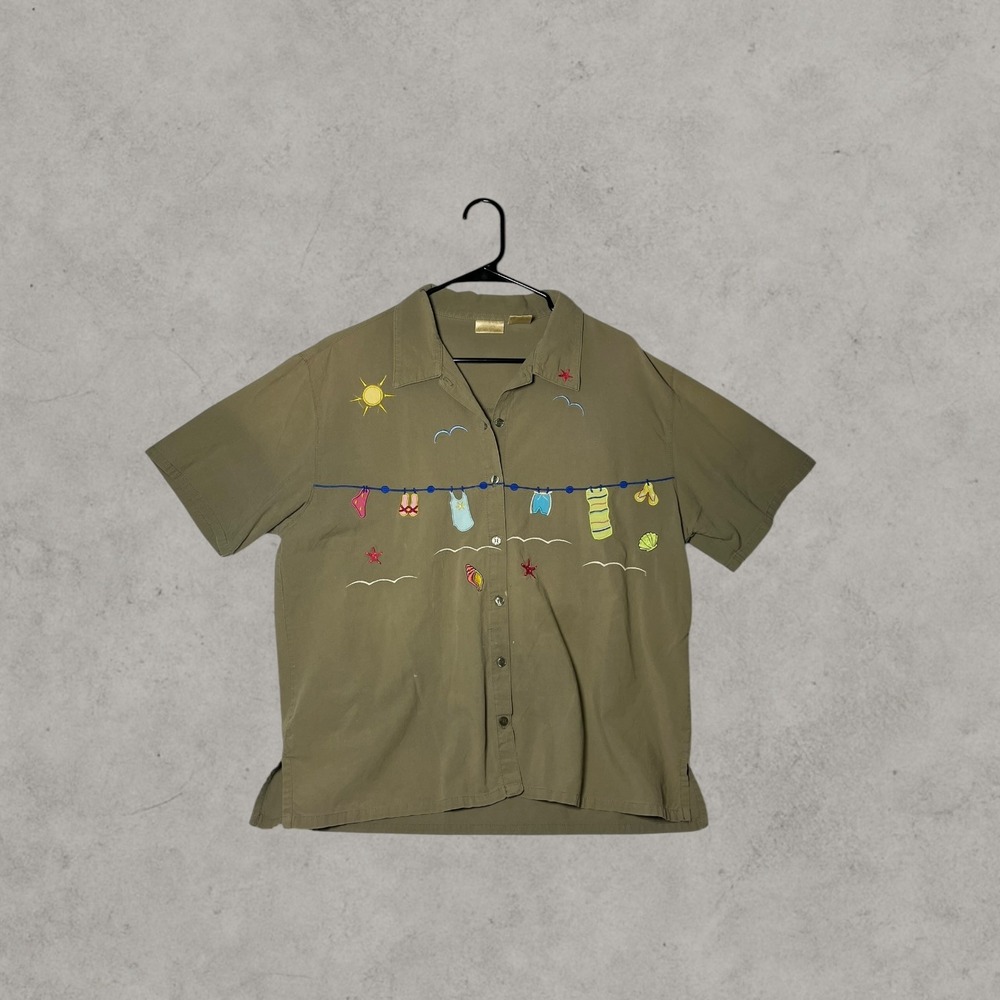 Vintage Bobbie Brooks Embroidered Beach Clothesline Shirt Olive Green XL 16/18